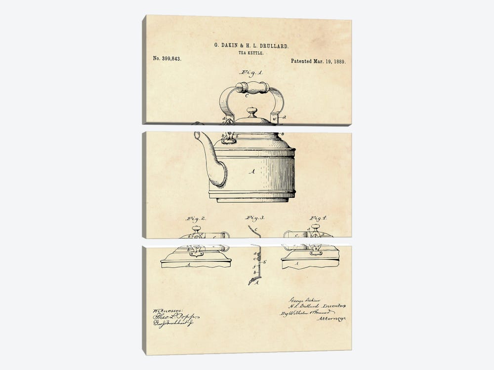 Tea Kettle Patent II by Paul Rommer 3-piece Canvas Print