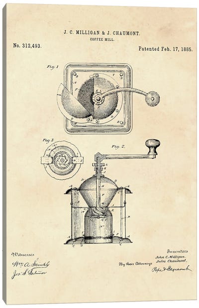Coffee Mill Patent II Canvas Art Print - Kitchen Equipment & Utensil Art