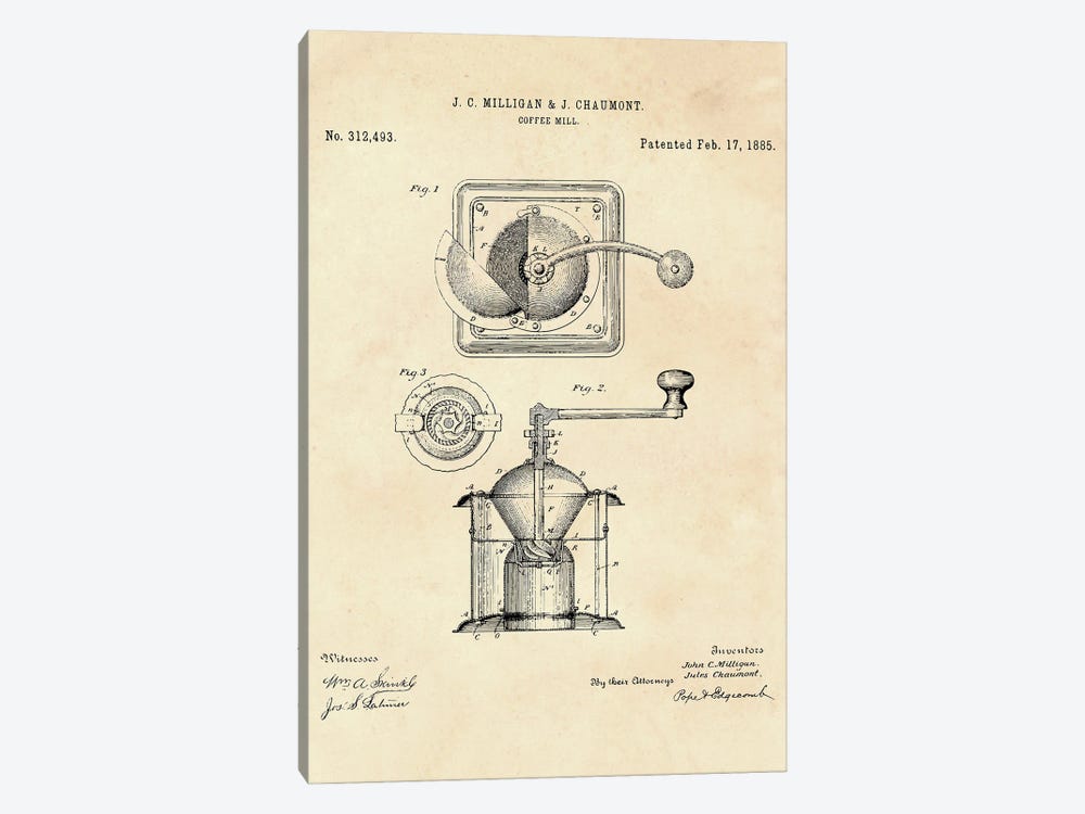 Coffee Mill Patent II by Paul Rommer 1-piece Canvas Art Print