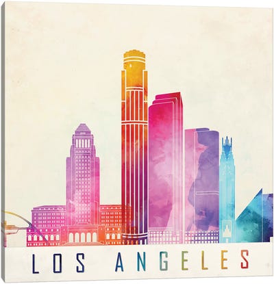 Los Angeles Landmarks Watercolor Poster Canvas Art Print - Los Angeles Skylines