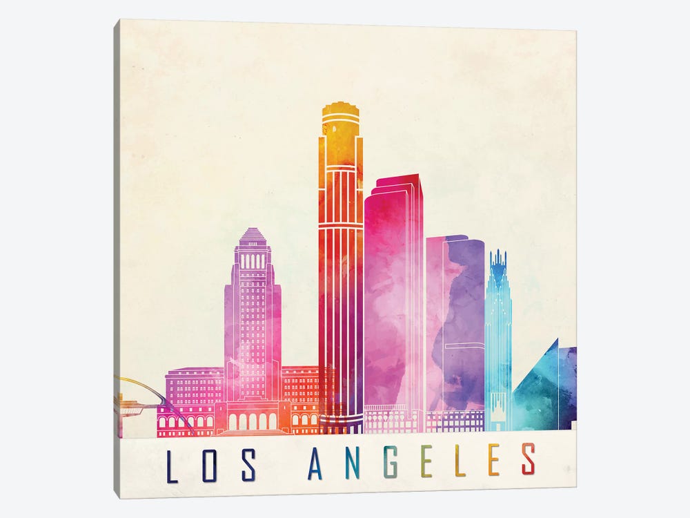 Los Angeles Landmarks Watercolor Poster by Paul Rommer 1-piece Canvas Art