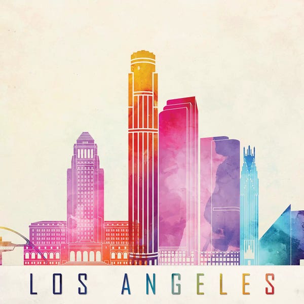 Los Angeles Skylines: Los Angeles Landmarks Watercolor Poster by Paul Rommer