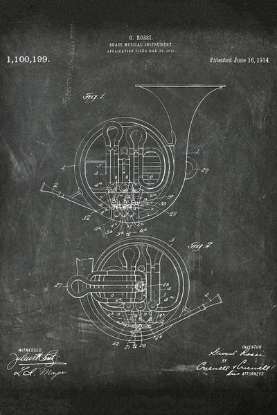 Music Blueprints: Brass Musical Instrument Patent I by Paul Rommer