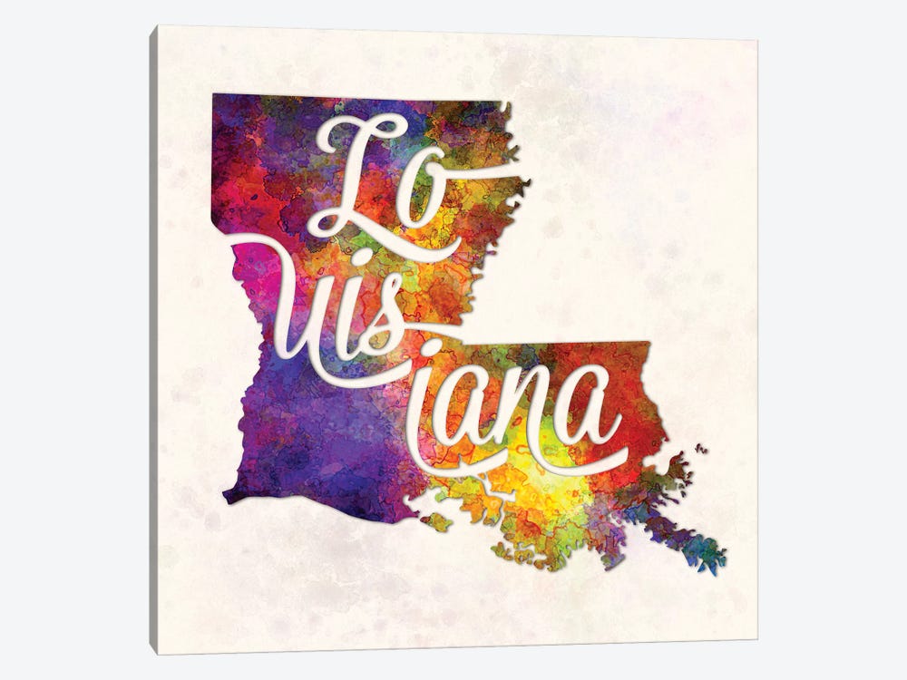 Louisiana US State In Watercolor Text Cut Out by Paul Rommer 1-piece Canvas Artwork
