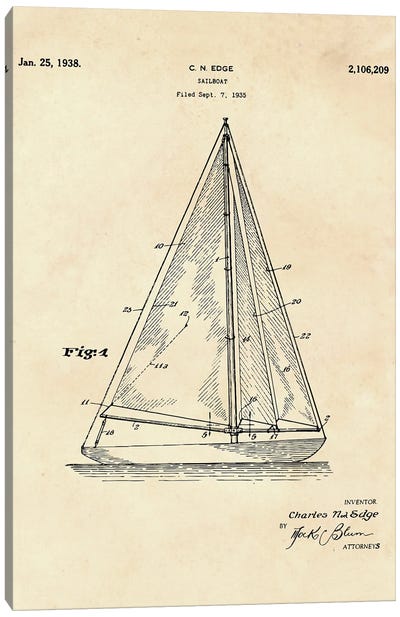 Sailboat Patent II Canvas Art Print - Nautical Blueprints