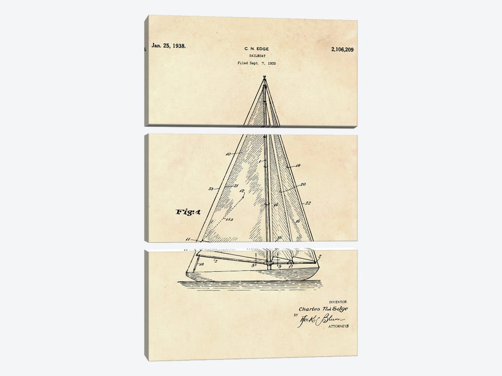 Sailboat Patent II by Paul Rommer 3-piece Canvas Wall Art