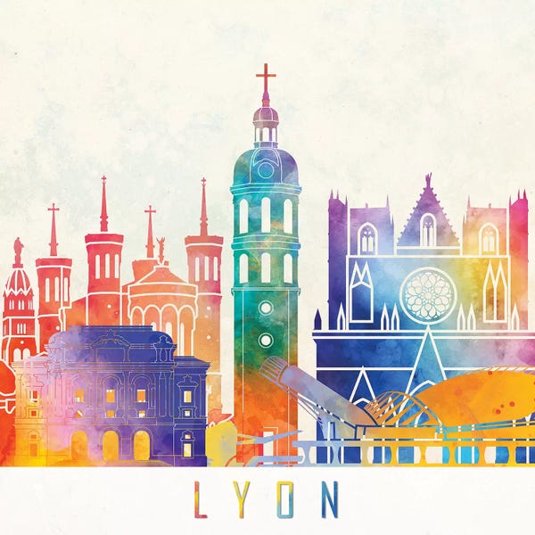 Auvergne-Rhône-Alpes: Lyon Landmarks Watercolor Poster by Paul Rommer