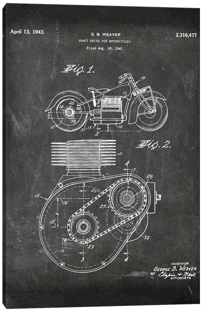 Shaft Drive For Motorcycles Paten I Canvas Art Print - Motorcycle Blueprints