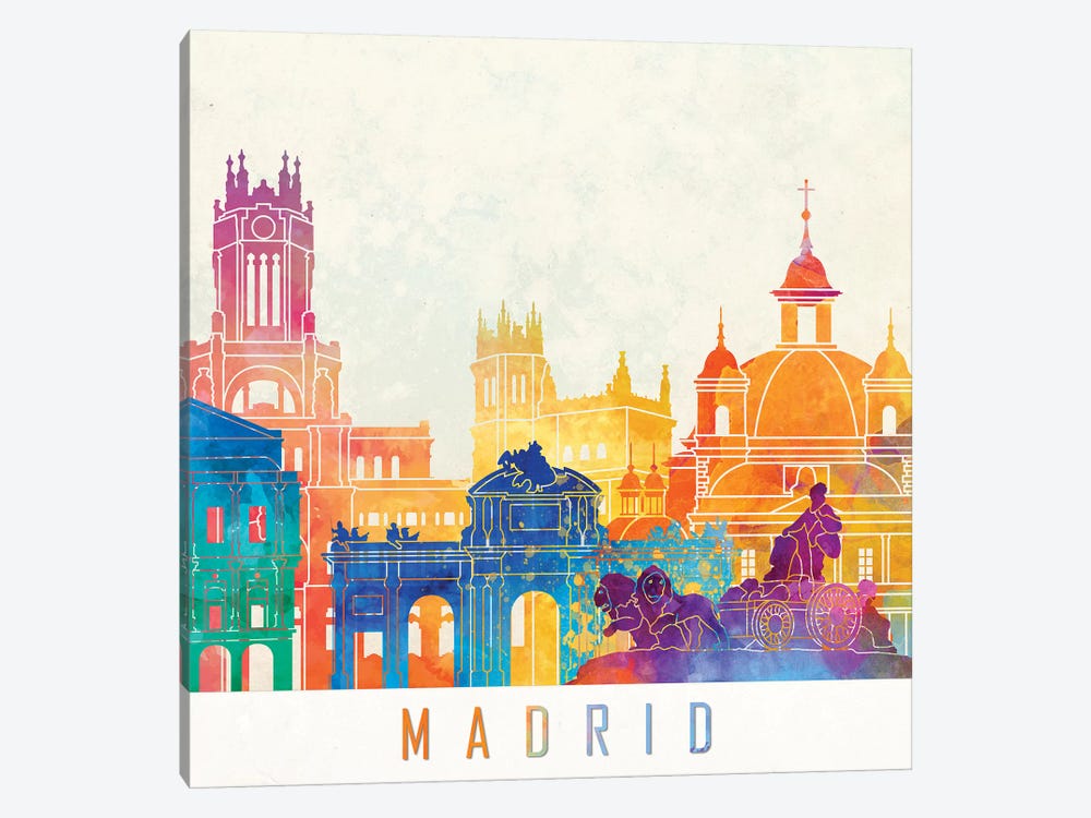 Madrid Landmarks Watercolor Poster by Paul Rommer 1-piece Canvas Artwork