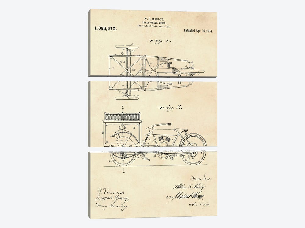 Three Wheel Truck Patent II by Paul Rommer 3-piece Canvas Art