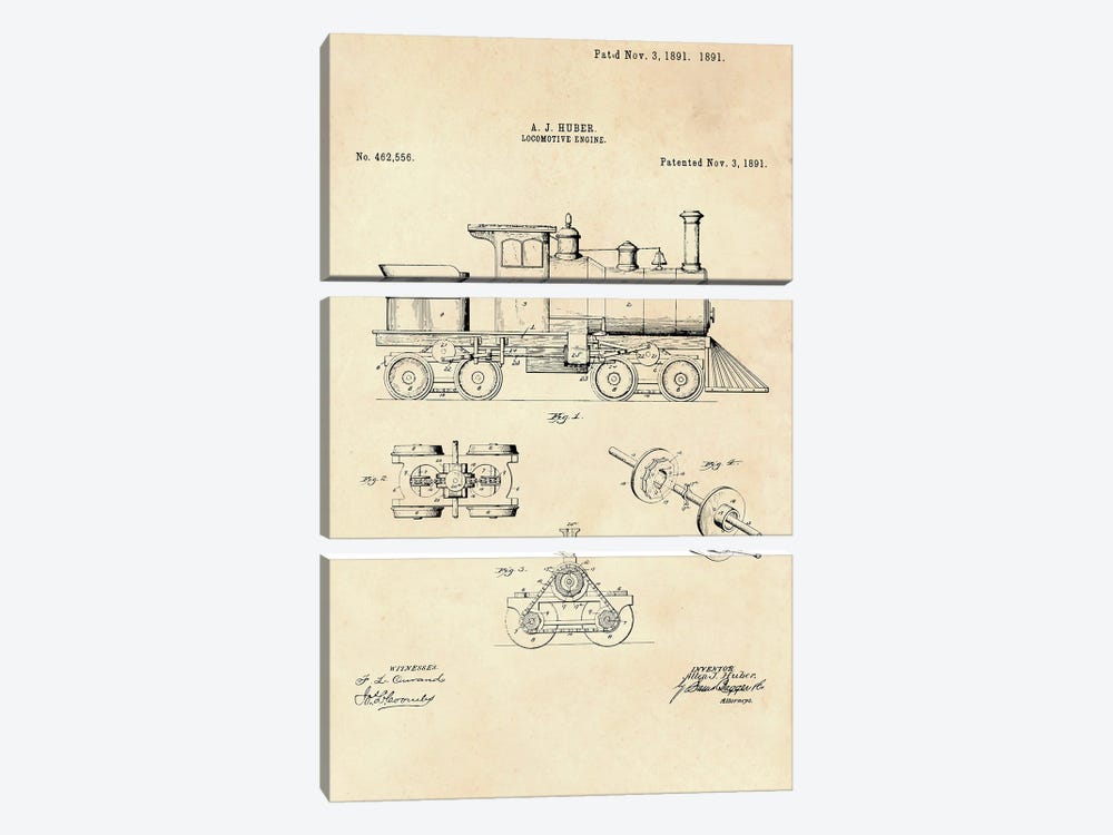 Locomotive Engine Patent II by Paul Rommer 3-piece Canvas Art Print