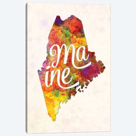 Maine US State In Watercolor Text Cut Out Canvas Print #PUR439} by Paul Rommer Art Print