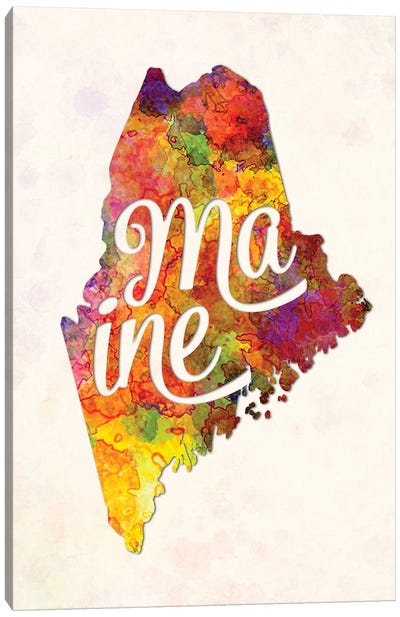 Maine US State In Watercolor Text Cut Out Canvas Art Print - Maine Art