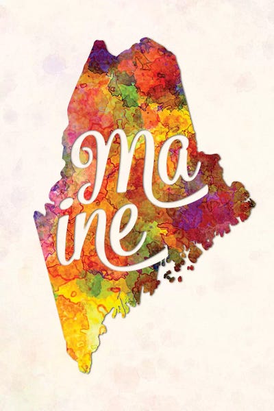 Maine: Maine US State In Watercolor Text Cut Out by Paul Rommer