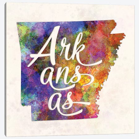 Arkansas US State In Watercolor Text Cut Out Canvas Print #PUR43} by Paul Rommer Canvas Artwork