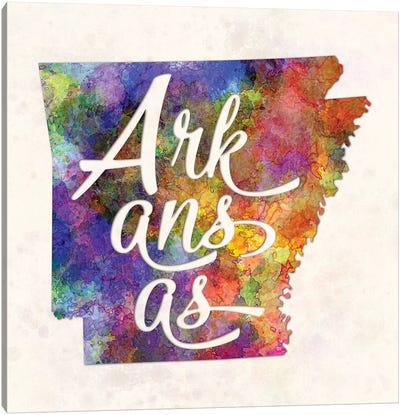 Arkansas US State In Watercolor Text Cut Out Canvas Art Print - Arkansas Art