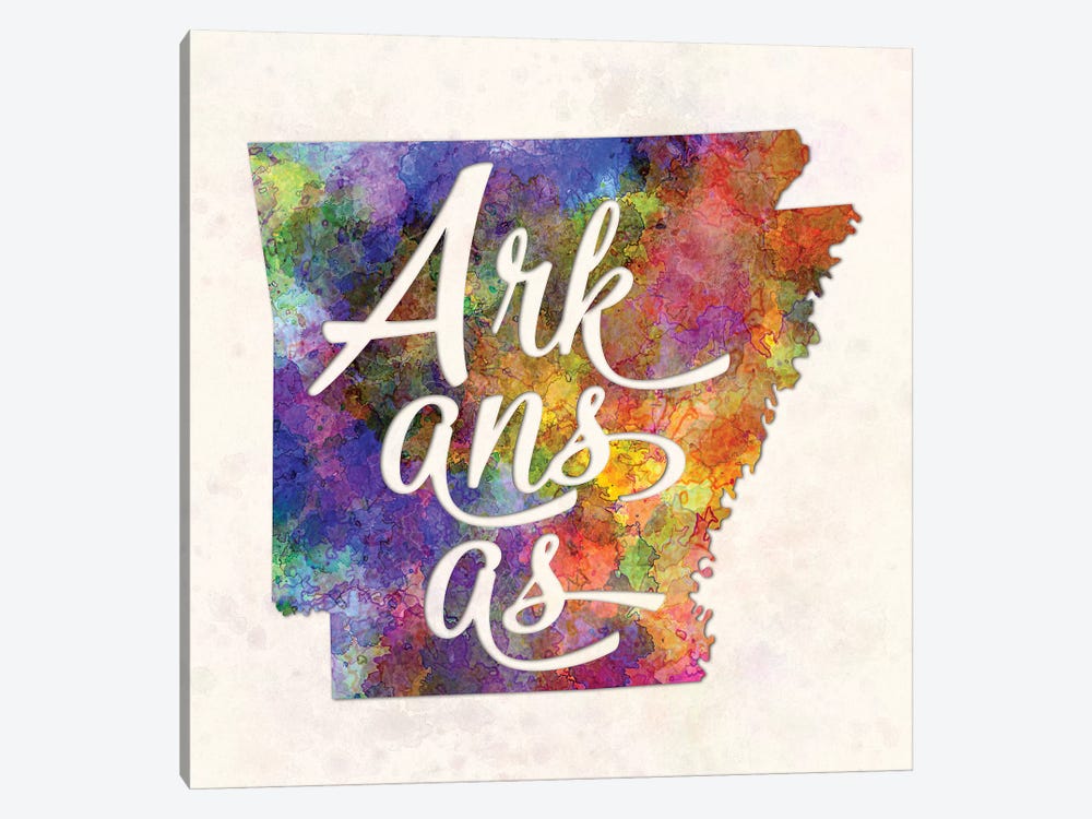 Arkansas US State In Watercolor Text Cut Out by Paul Rommer 1-piece Art Print