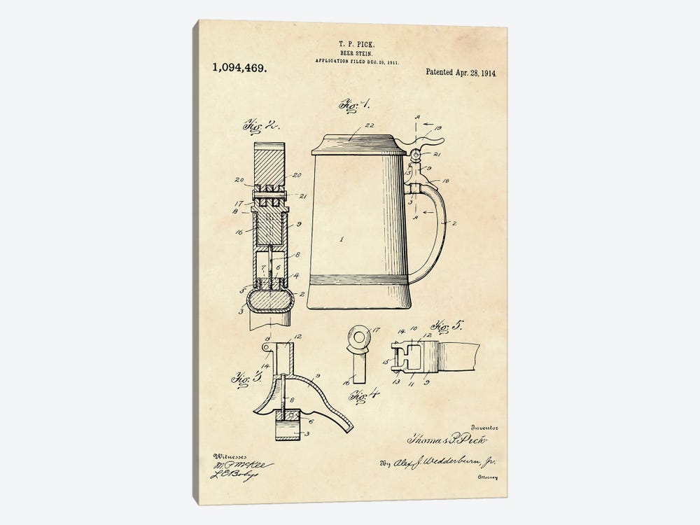 Beer Stein Patent II by Paul Rommer 1-piece Canvas Wall Art