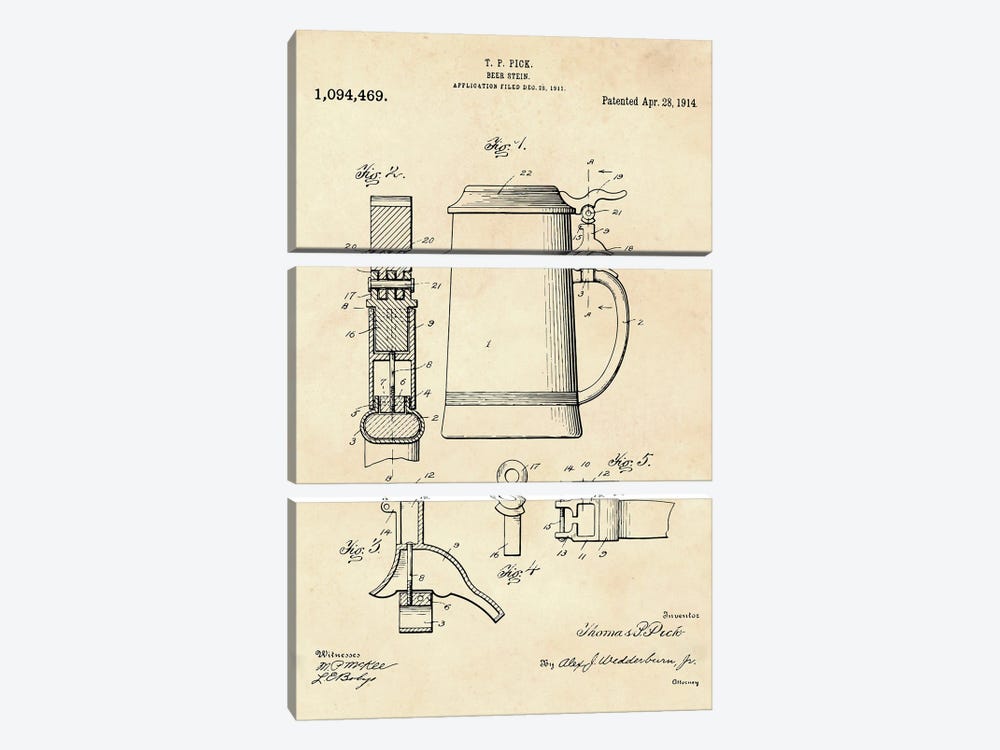 Beer Stein Patent II by Paul Rommer 3-piece Canvas Art