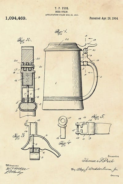 Food & Drink Blueprints: Beer Stein Patent II by Paul Rommer