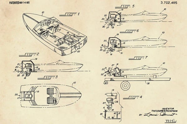 Nautical Blueprints: Wooden Boat Outboard Motorboat With Inboard Mount Patent II by Paul Rommer