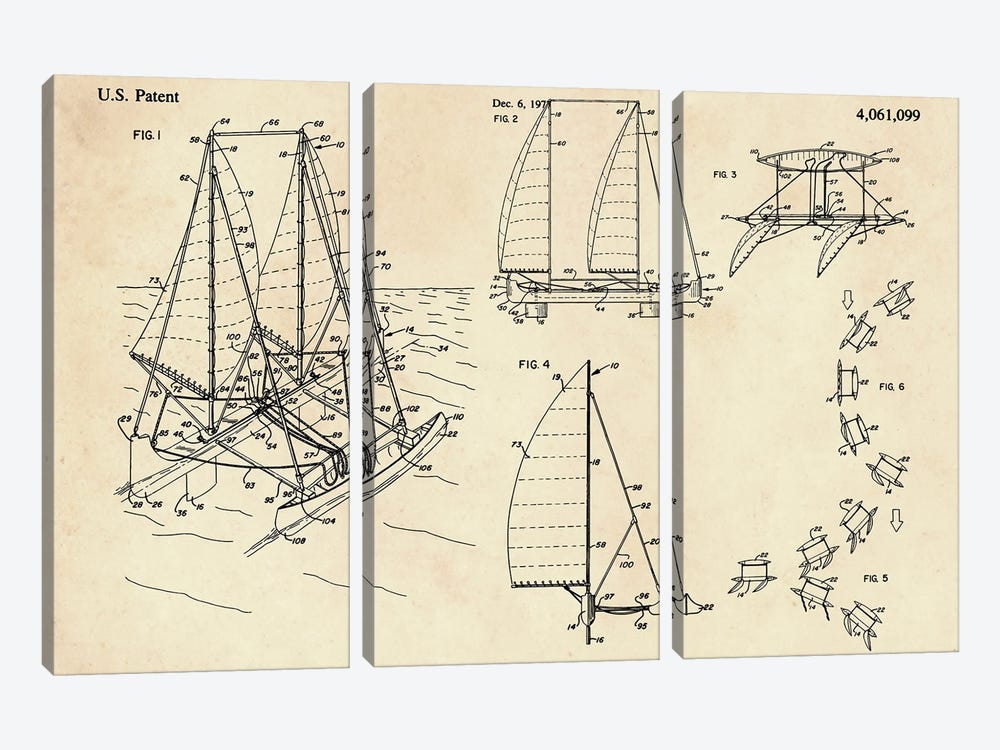 Outrigger Sailboat Patent II by Paul Rommer 3-piece Canvas Art