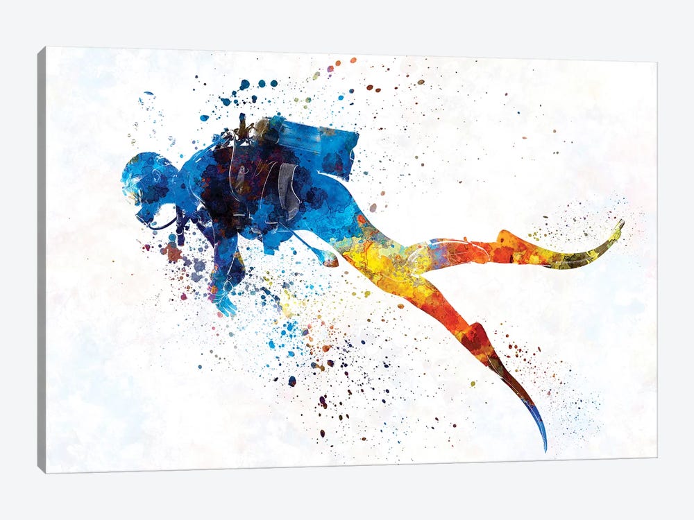 Scuba Diver In Watercolor I by Paul Rommer 1-piece Canvas Artwork