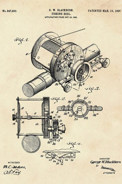 Sports Blueprints: Fishing Reel Patent II by Paul Rommer