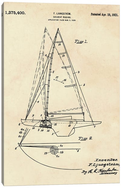 Sailboat Rigging Patent II Canvas Art Print - Nautical Blueprints