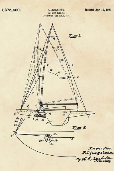 Nautical Blueprints: Sailboat Rigging Patent II by Paul Rommer