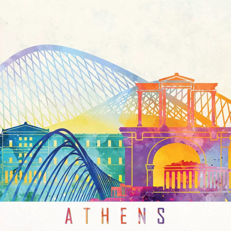 Athens Landmarks Watercolor Poster