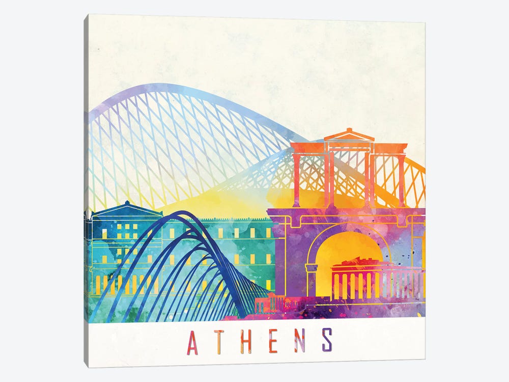 Athens Landmarks Watercolor Poster by Paul Rommer 1-piece Canvas Art Print