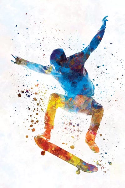 Kids Sports Art: Skateboarder In Watercolor I by Paul Rommer