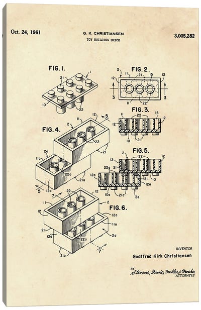 Lego Toy Building Brick Patent II Canvas Art Print - Paul Rommer