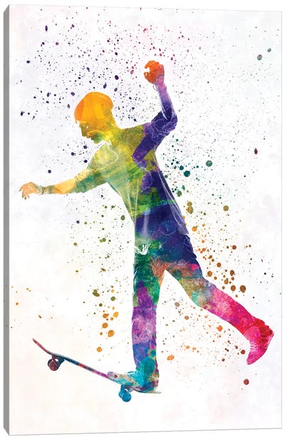 Skateboarder In Watercolor VI Canvas Art Print - Skateboarding Art
