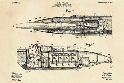 Submarine Torpedo Boat Patent VI by Paul Rommer framed canvas print