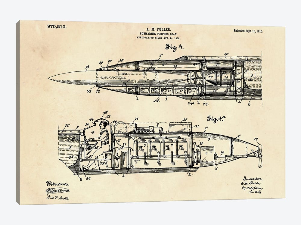 Submarine Torpedo Boat Patent VI by Paul Rommer 1-piece Canvas Art