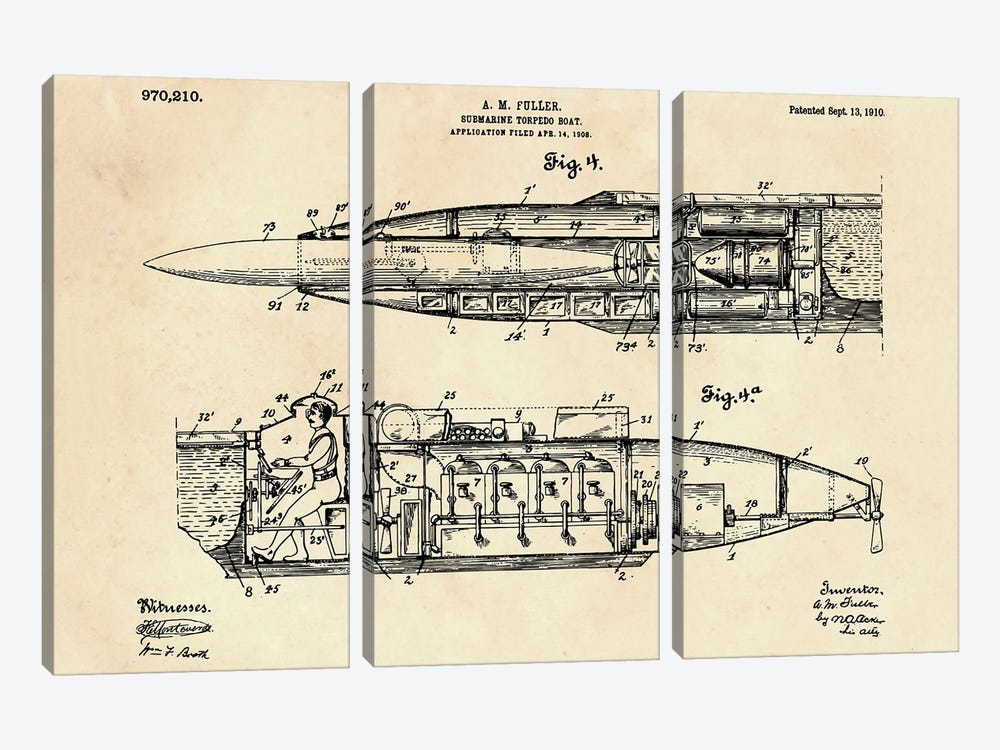 Submarine Torpedo Boat Patent VI by Paul Rommer 3-piece Canvas Artwork
