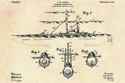 Submarine Torpedo Boat Patent VIII by Paul Rommer framed canvas print