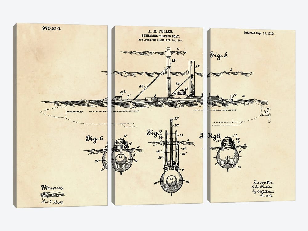 Submarine Torpedo Boat Patent VIII by Paul Rommer 3-piece Canvas Art Print