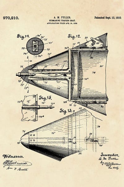 Submarine Torpedo Boat Patent XII by Paul Rommer framed canvas print