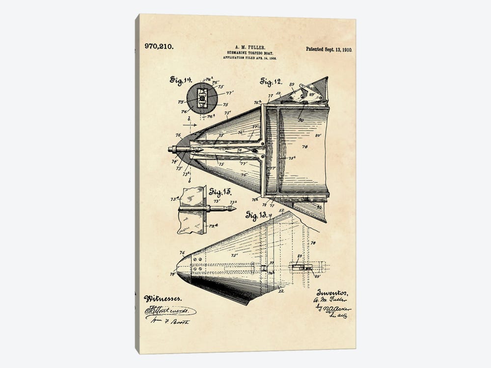 Submarine Torpedo Boat Patent XII by Paul Rommer 1-piece Canvas Art Print