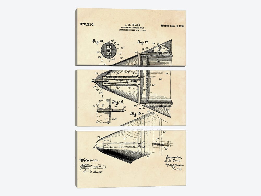 Submarine Torpedo Boat Patent XII by Paul Rommer 3-piece Canvas Print