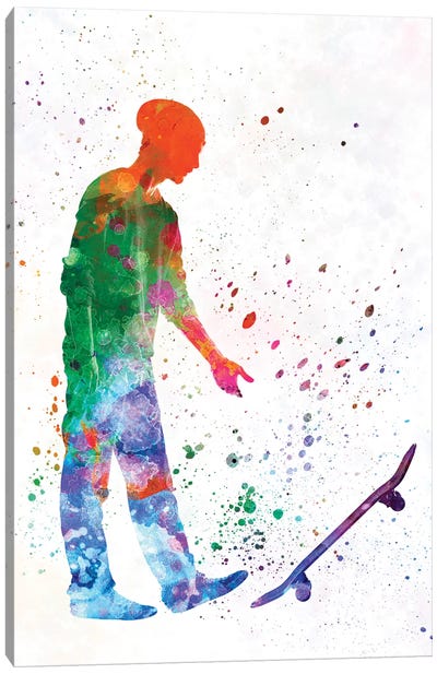 Skateboarder In Watercolor IX Canvas Art Print - Skateboarding Art