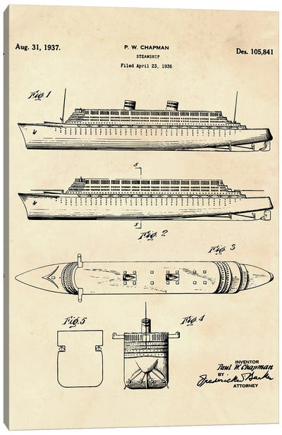 Steamship Patent II Canvas Art Print - Nautical Blueprints