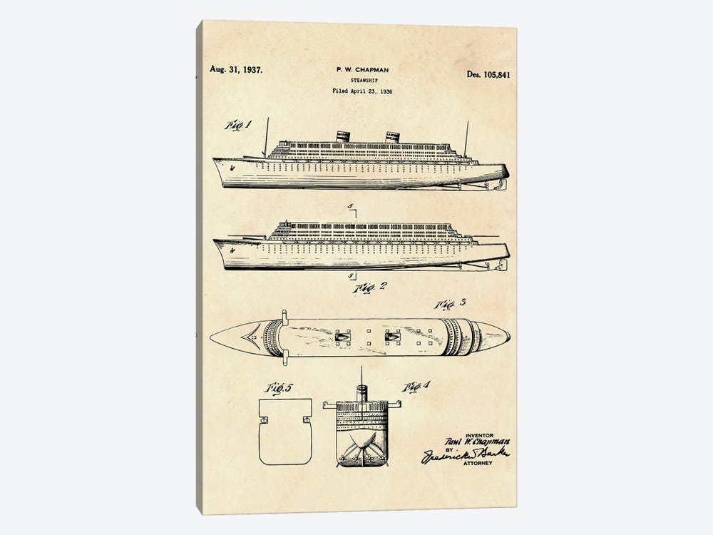 Steamship Patent II by Paul Rommer 1-piece Canvas Print