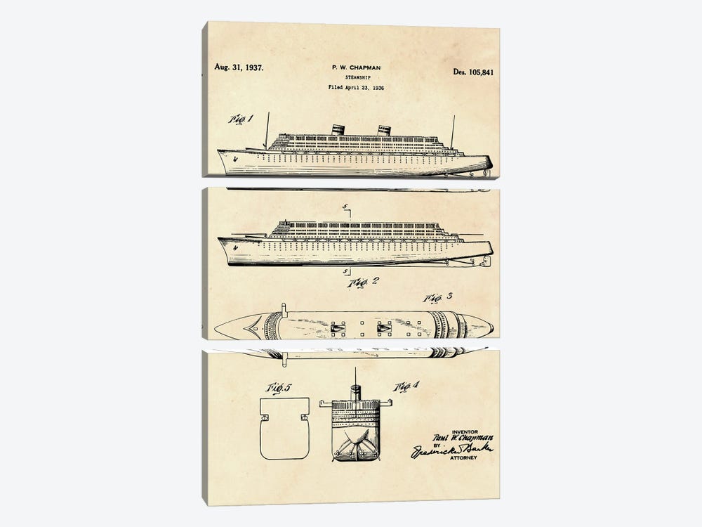 Steamship Patent II by Paul Rommer 3-piece Canvas Art Print