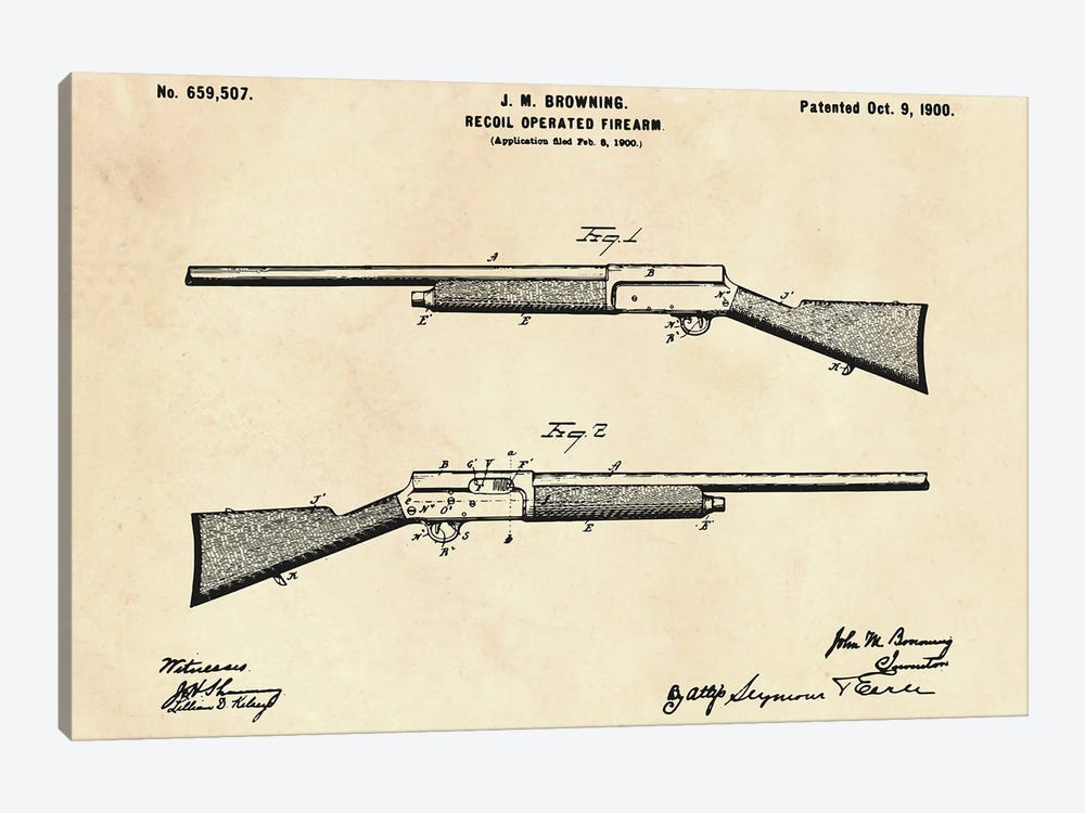 Recoil Operated Firearm Patent II by Paul Rommer 1-piece Canvas Artwork