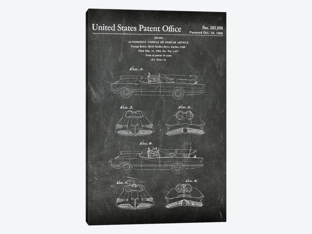 Batmobile Patent I by Paul Rommer 1-piece Canvas Art Print