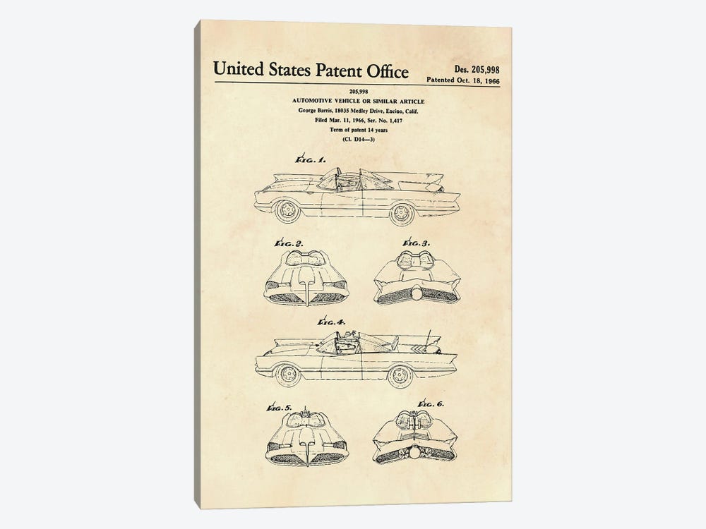 Batmobile Patent II by Paul Rommer 1-piece Canvas Art